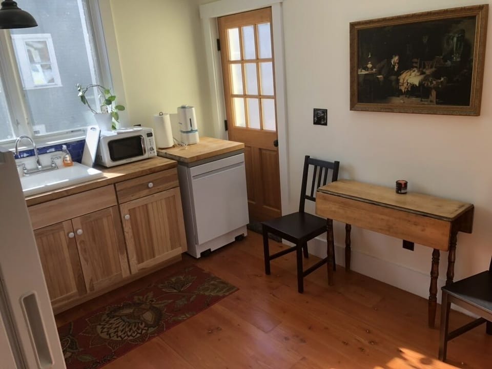 Rolling dishwasher, door to back steps, breakfast table in kitchen.