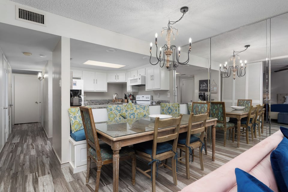 Comfy seating for 8+ people. Worry-free glass-top table for large family meals