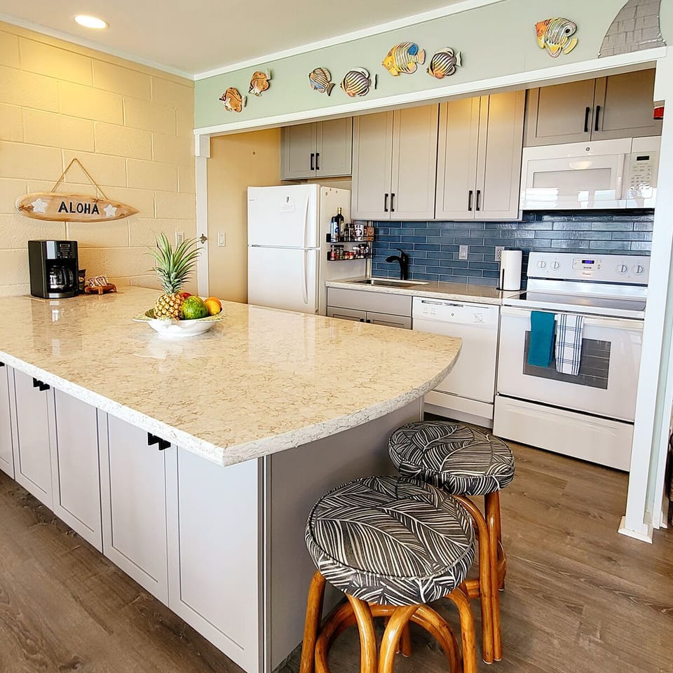 Huge kitchen island for meal preparation and dining!