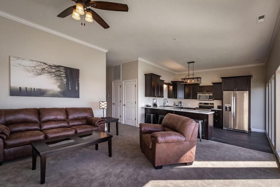 Flat-screen TV, fireplace