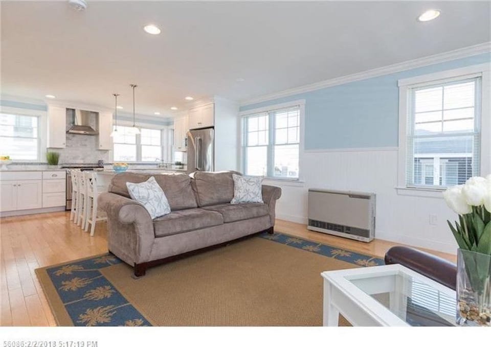 Spacious family room now with two sofas, one with pull out bed.