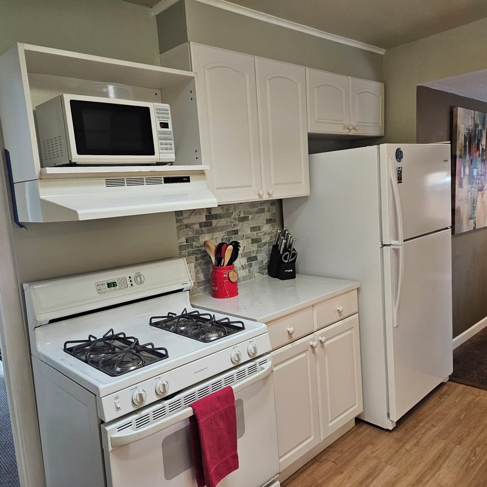 Gas stove, microwave and refrigerator 