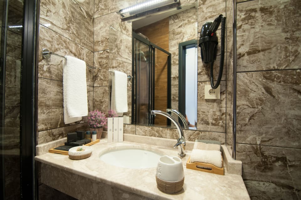 Shower, hydromassage showerhead, free toiletries, hair dryer