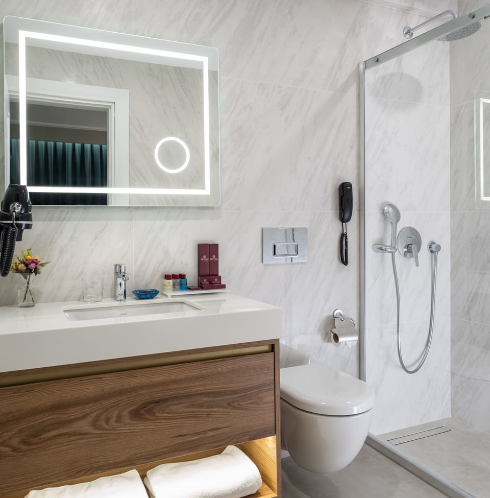 Deluxe Suite, 1 King Bed | Bathroom | Shower, free toiletries, hair dryer, slippers