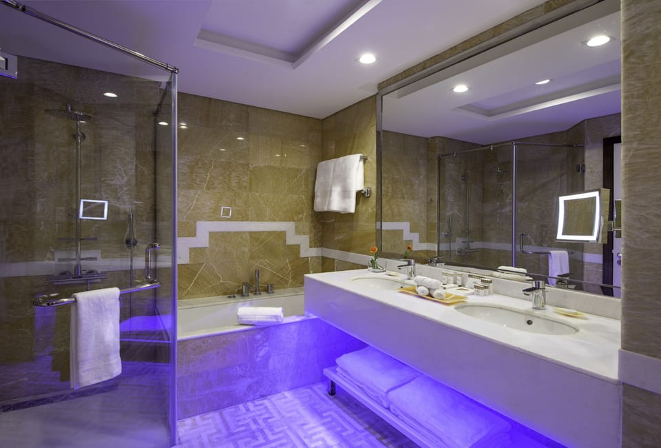 Separate tub and shower, deep soaking tub, hydromassage showerhead