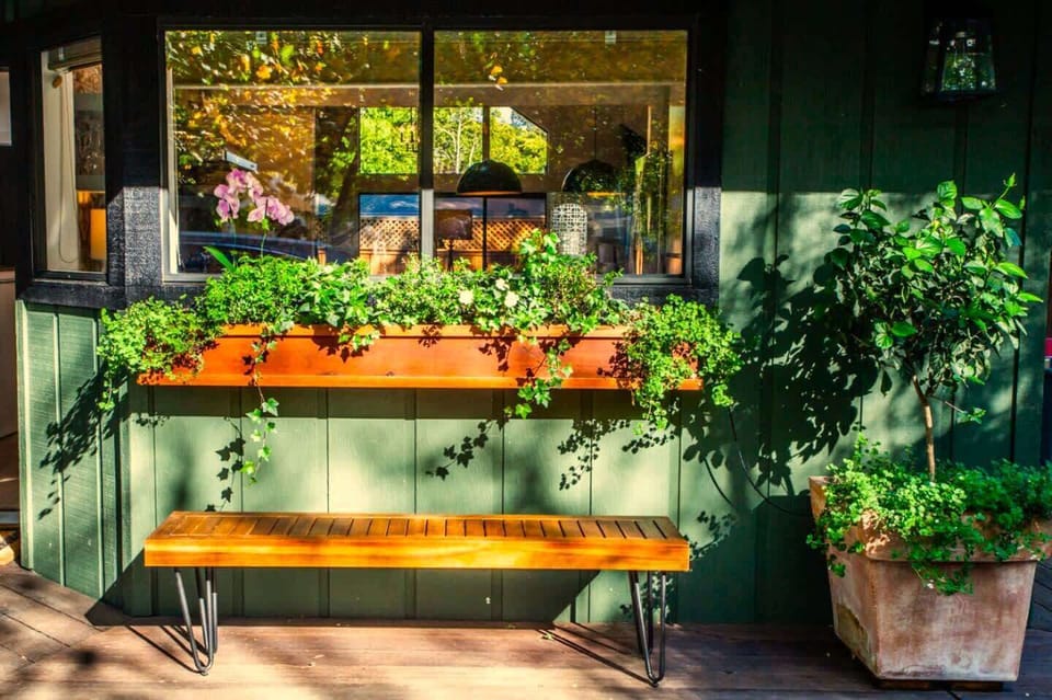Cozy outdoor spot with a warm wooden bench, lush greenery, and a window ledge overflowing with plants. A peaceful place to enjoy morning coffee or unwind in the sunshine.