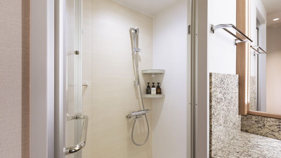 Combined shower/tub, hair dryer, slippers, electronic bidet