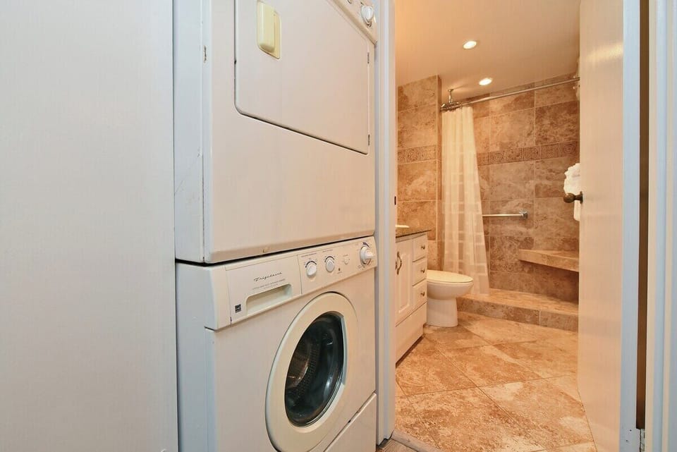 In‑unit washer and dryer tucked neatly into the hallway closet.