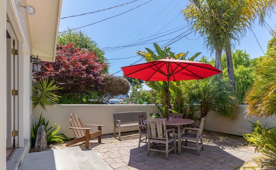 Enjoy a relaxing lunch in the front courtyard in the shade of the palm trees