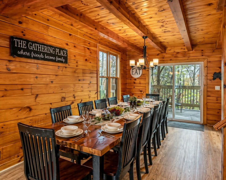 Gather around the custom-built farmhouse table designed with warmth and charm in mind and offering ample seating for 10-12 guests. This spacious table is the heart of the home, seamlessly connected to the open kitchen and living room, making it perfe