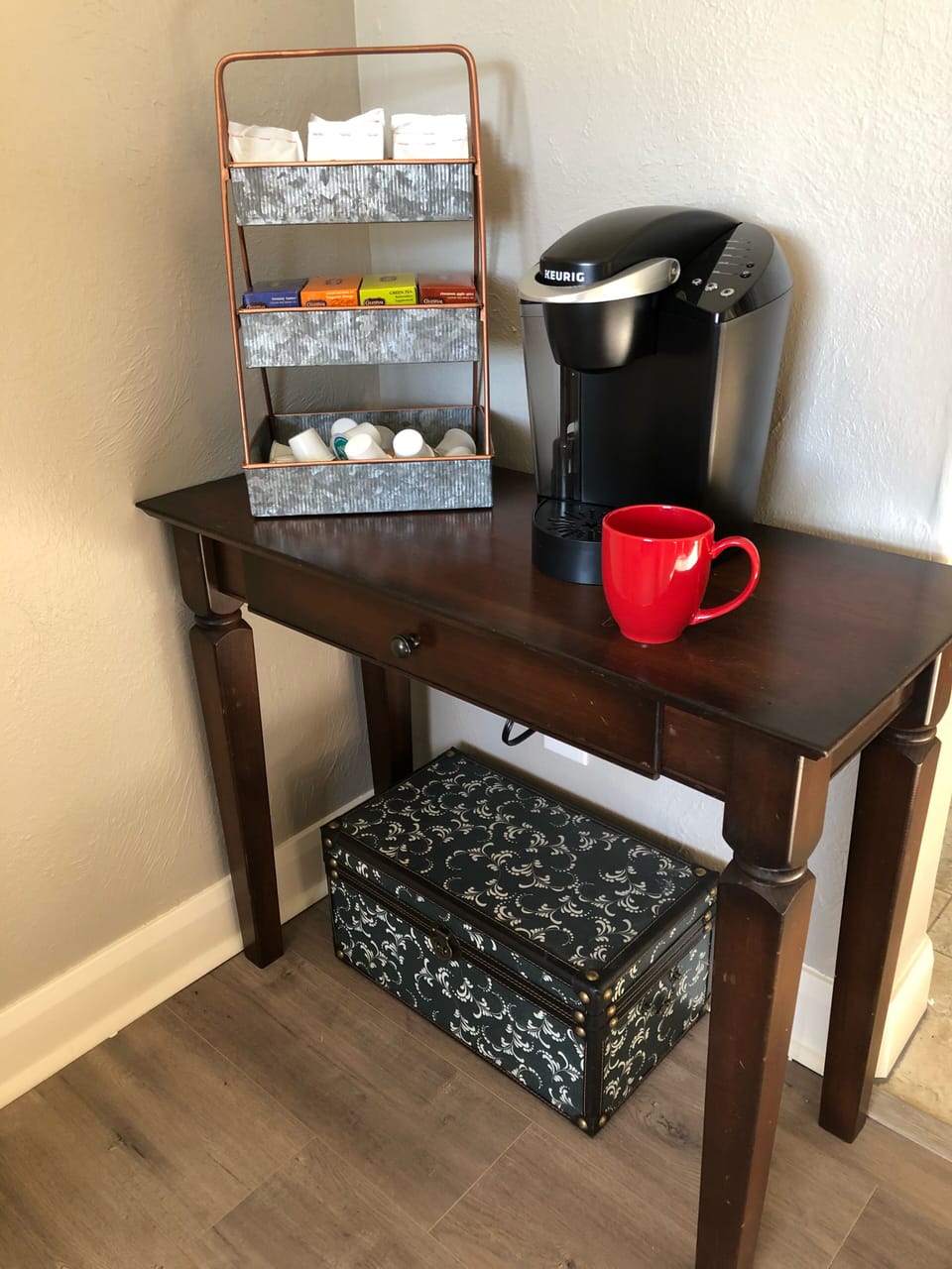Coffee station has k cups, tea and hot chocolate.