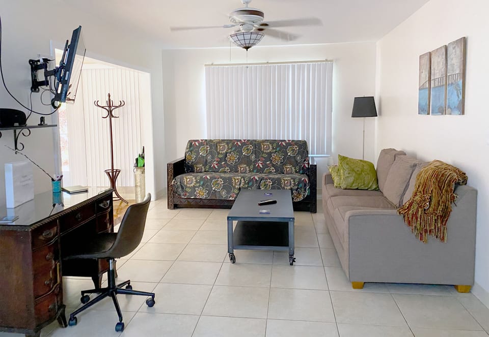 Cheerful living space with Fire TV, comfy futon and workspace. 