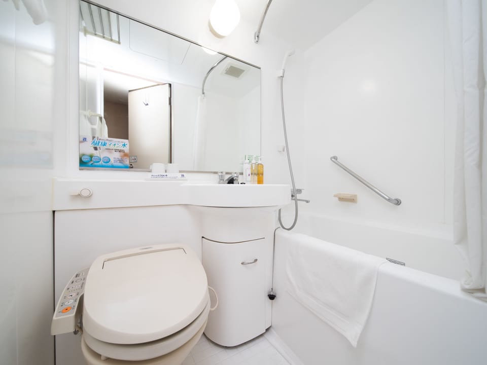Combined shower/tub, free toiletries, hair dryer, slippers