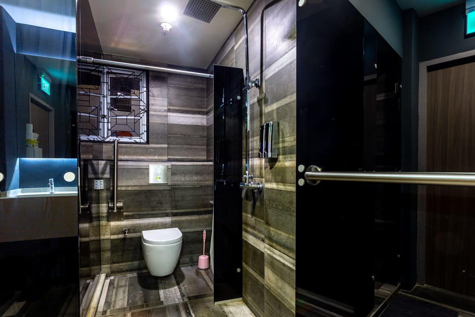 Shower, rainfall showerhead, hair dryer, slippers