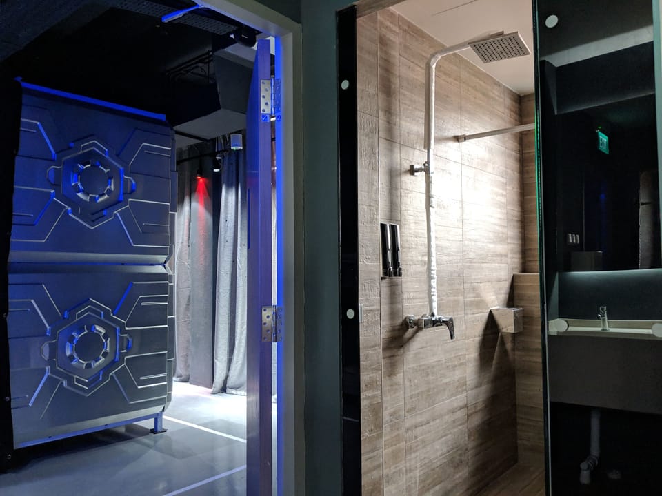 Shower, rainfall showerhead, hair dryer, slippers