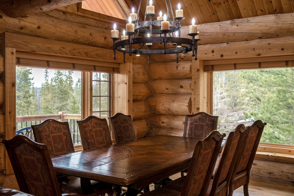 Dining room table with a view - seats 8 and has 2 leaves and chairs for 10.