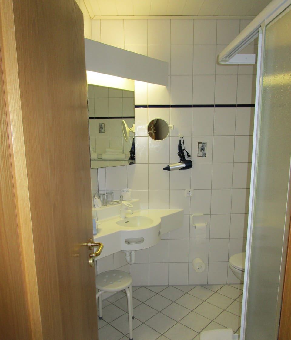 Shower, free toiletries, hair dryer, towels