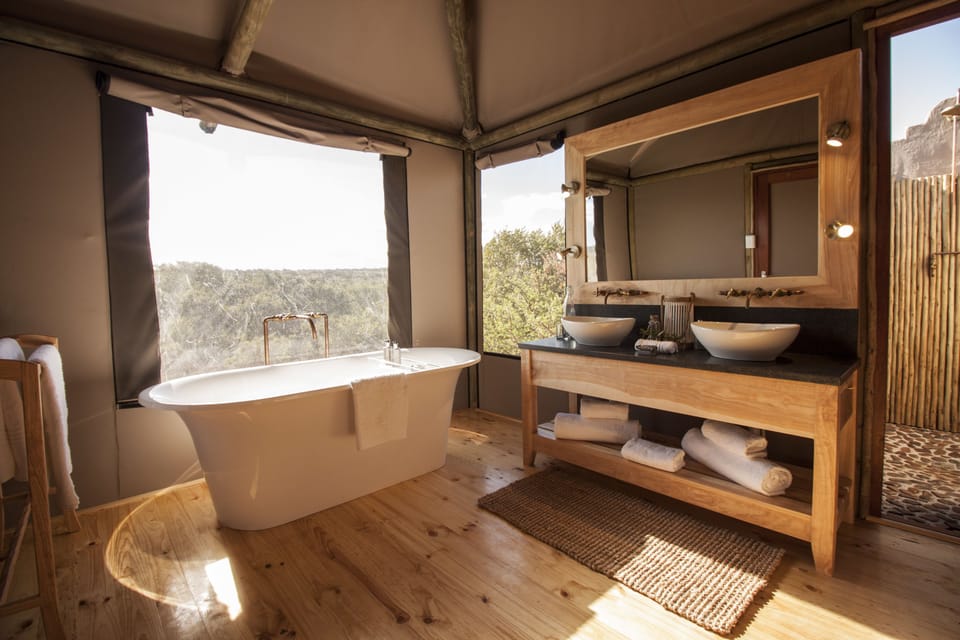 Luxury Tent (Safari) | Bathroom | Separate tub and shower, deep soaking tub, rainfall showerhead