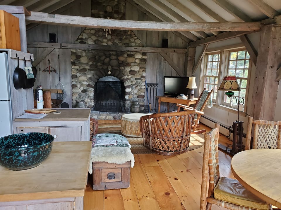 Kitchen with living room and fireplace