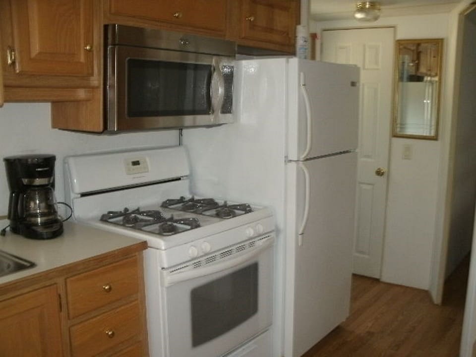 Kitchen with overhead microwave and plenty of storage.