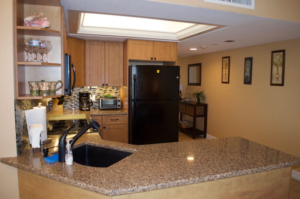 Fully supplied kitchen, under cabinet lighting, stove, microwave, dishwasher