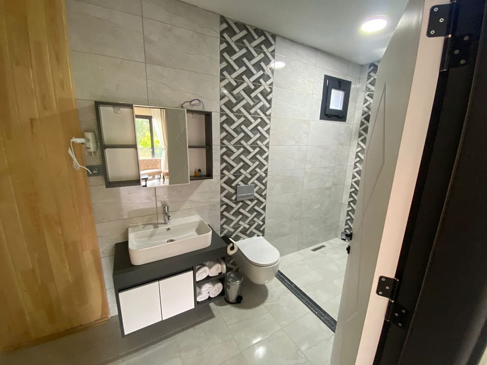 Shower, free toiletries, hair dryer, slippers