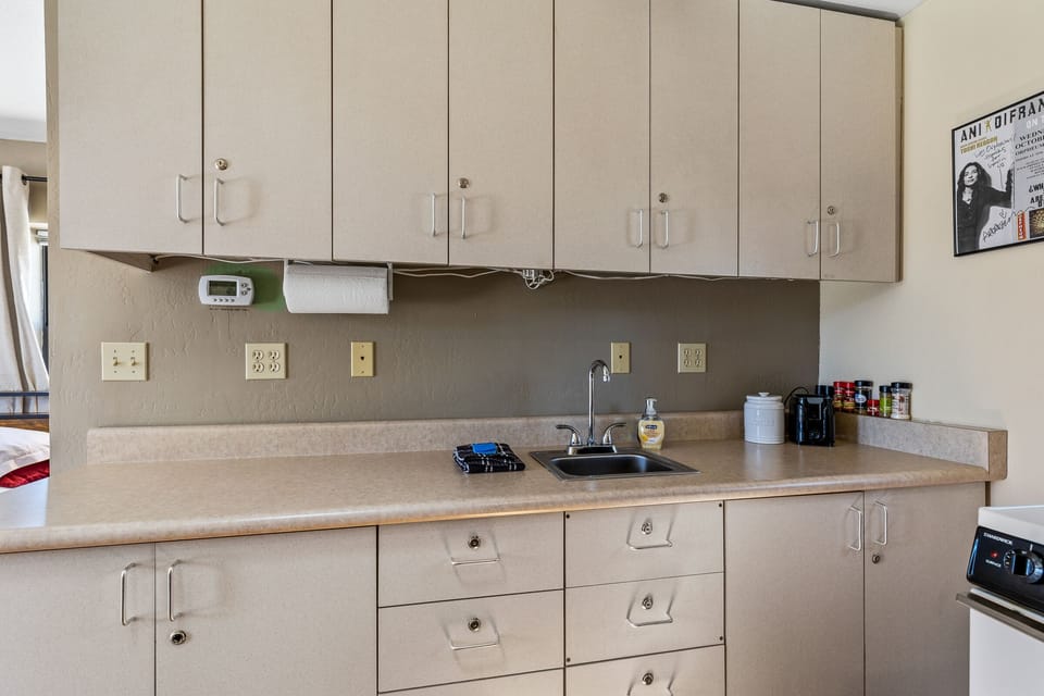Kitchen counter with a sink.