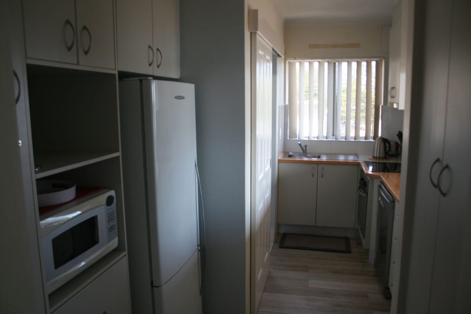 Kitchen with modern fridge and microwave, pantry, crockery and cutlery