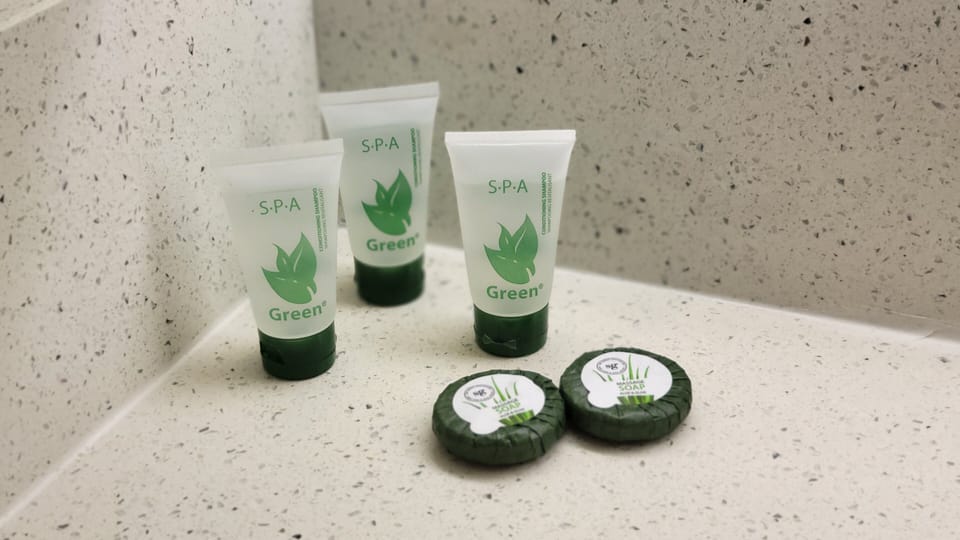 Combined shower/tub, free toiletries, hair dryer, towels