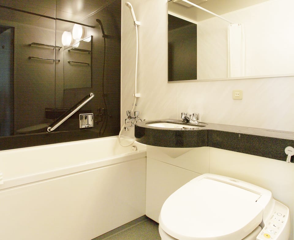Combined shower/tub, free toiletries, hair dryer, slippers