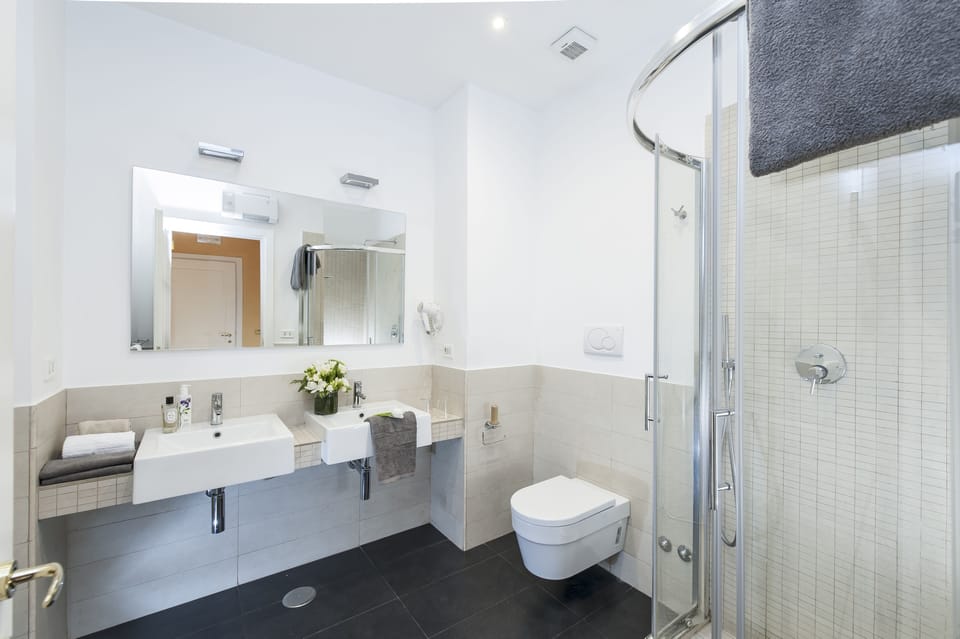 Shower, free toiletries, hair dryer