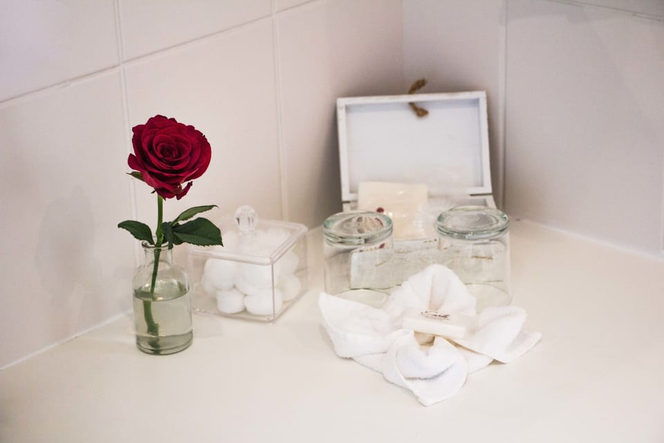 Hair dryer, towels, soap, shampoo