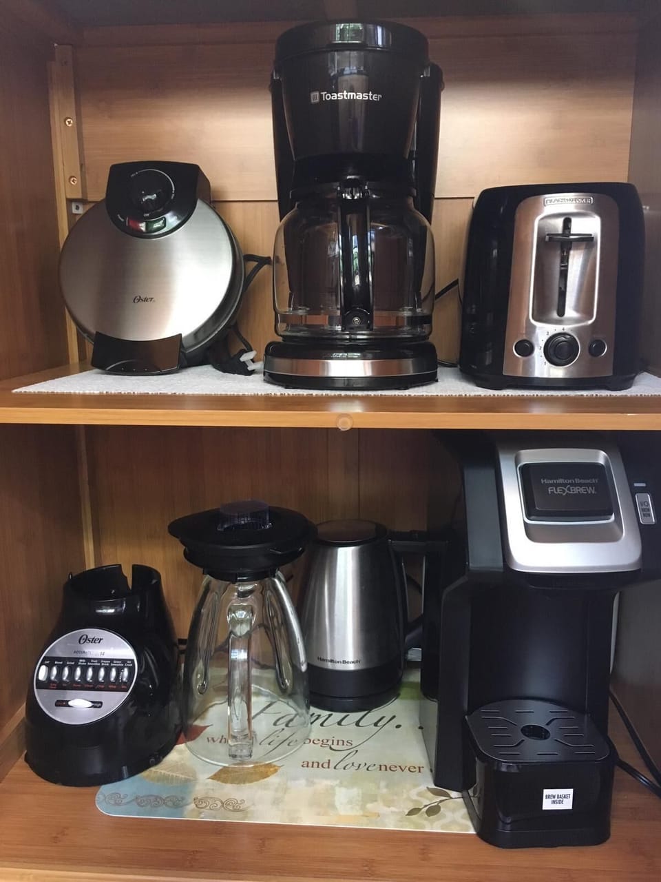 Sandwich maker, drip coffee,  
Keurig, and tea kettle, blender