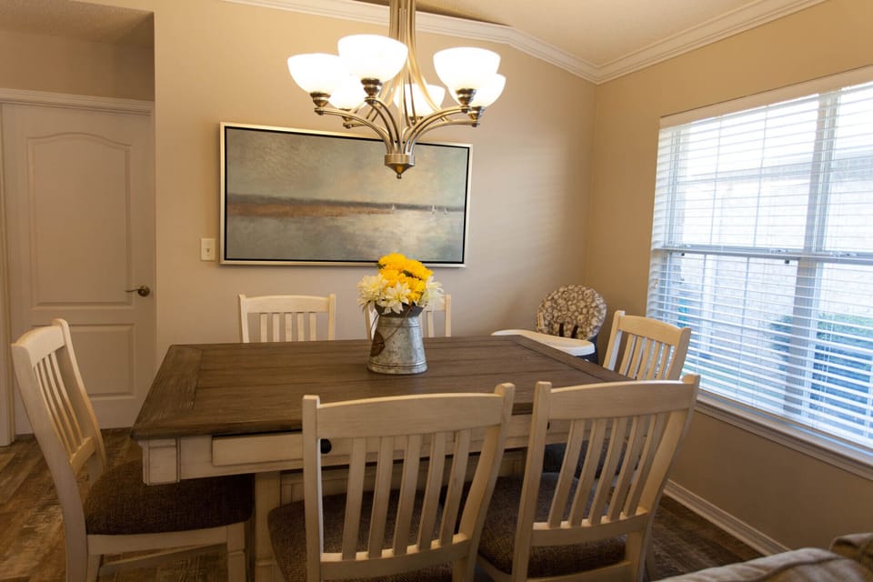 DINING ROOM FOR 6 AND HIGH CHAIR FOR LITTLE  ONE