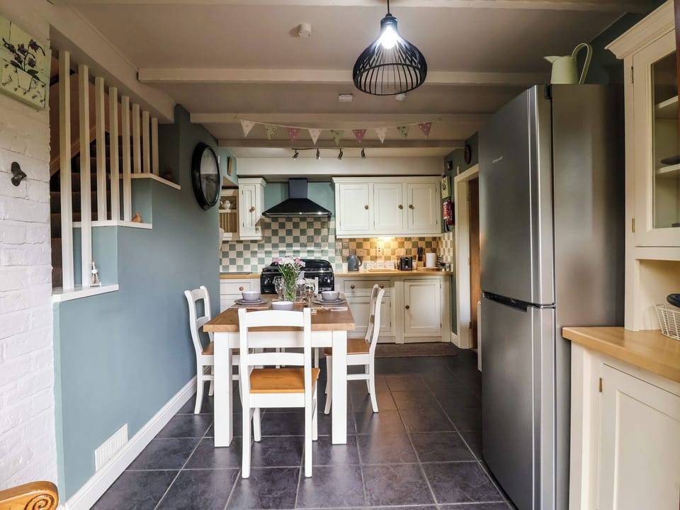 Fridge, microwave, toaster, cookware/dishes/utensils