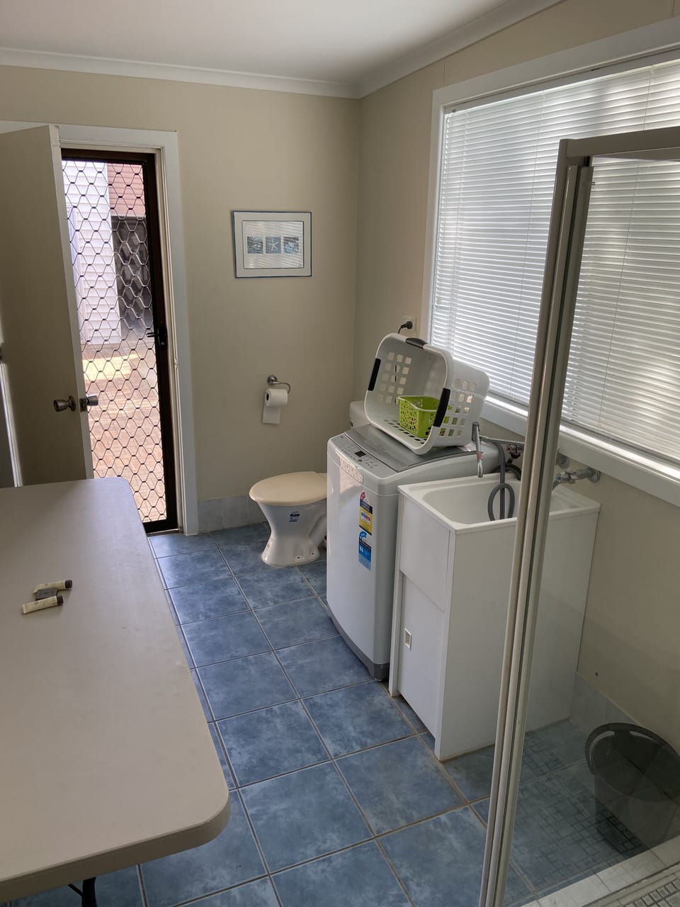 Laundry with toilet and a shower