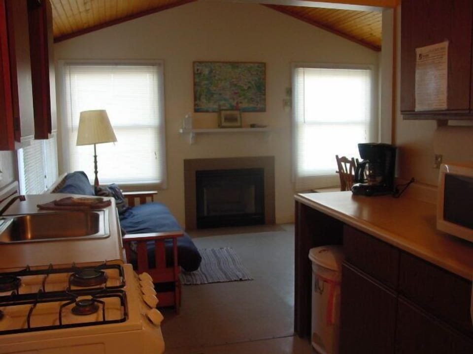 FUTON, FIREPLACE AND WINDOWS THAT LOOK OUT TO DECK,BEACH AND THE LAKE