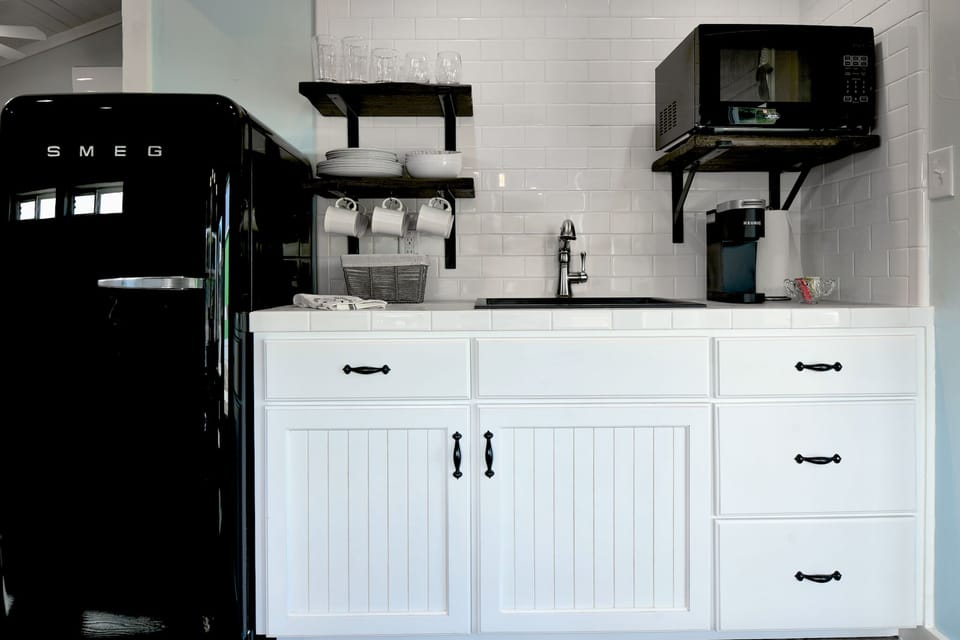 Microwave, coffee maker and refrigerator