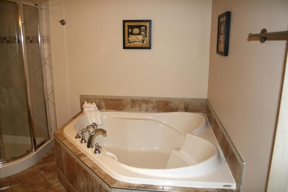 Separate tub and shower, jetted tub, free toiletries, hair dryer