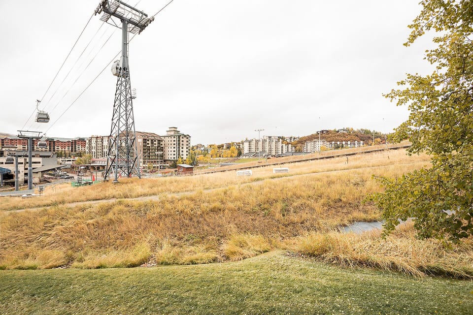 Cable car system overlooks the neighborhood, connecting to downtown buildings and surrounding natural areas.