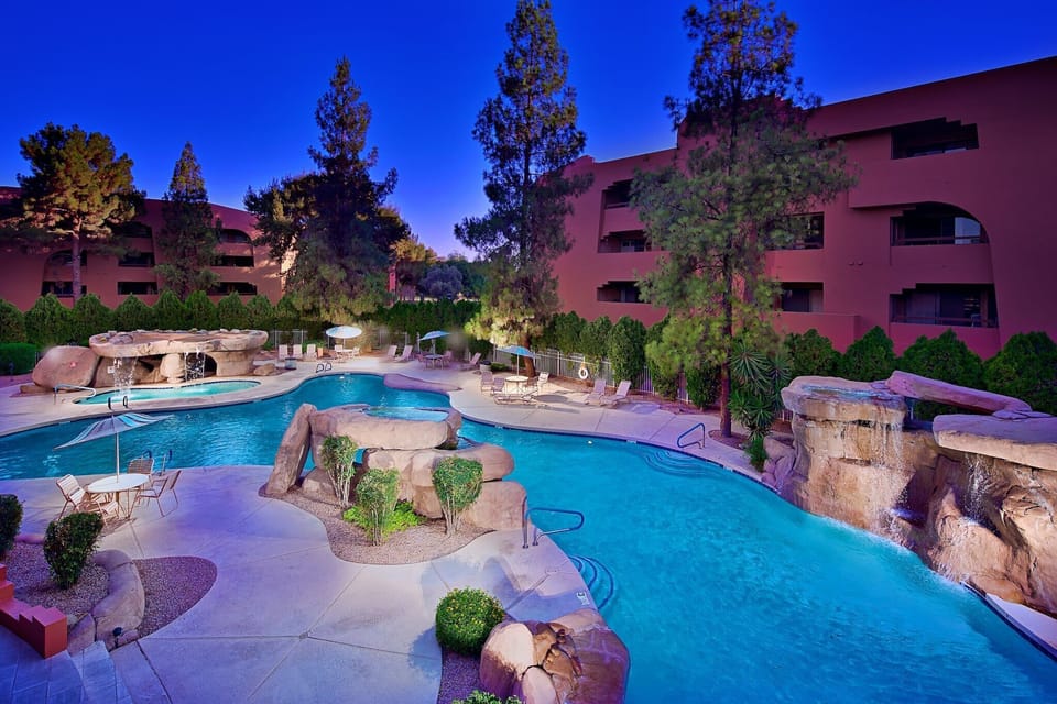 Resort-style grounds with 3 of the 5 pools heated.