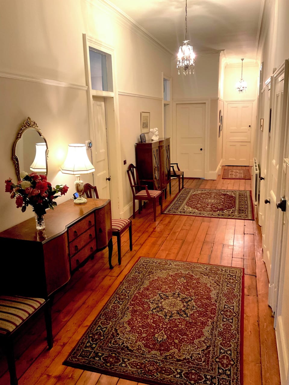 A massive hallway provides ultimate bedroom privacy.  No bedrooms share a wall.
