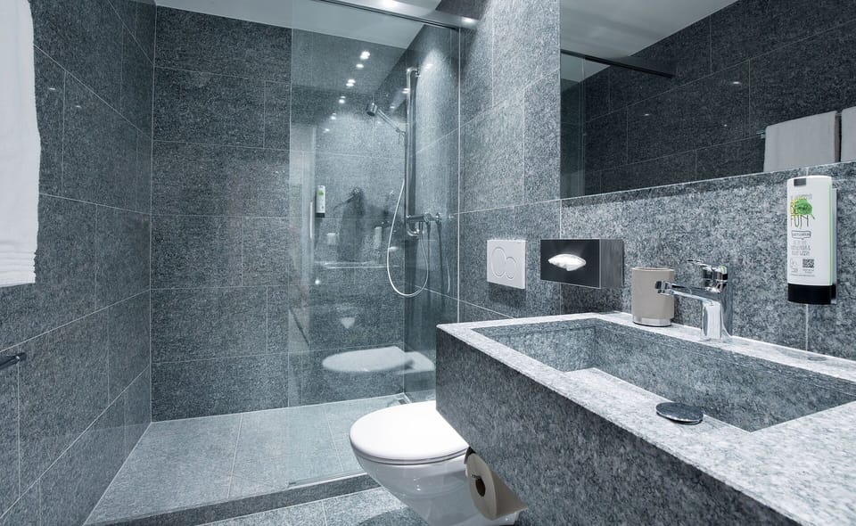 Shower, free toiletries, hair dryer, towels