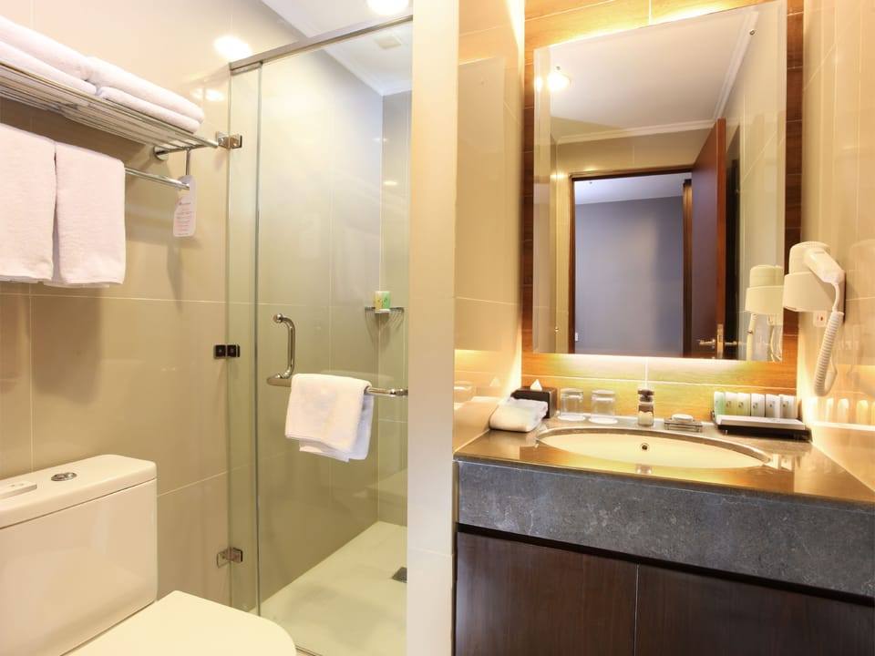 Shower, free toiletries, towels