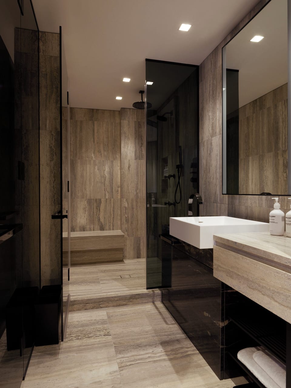 Hydromassage showerhead, designer toiletries, hair dryer, bathrobes