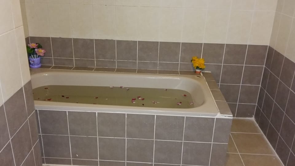 Combined shower/tub, deep soaking tub, free toiletries, towels