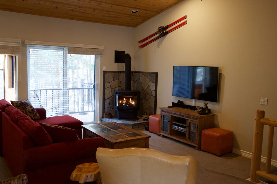 Gas Stove Fireplace with balcony overlooking forest.