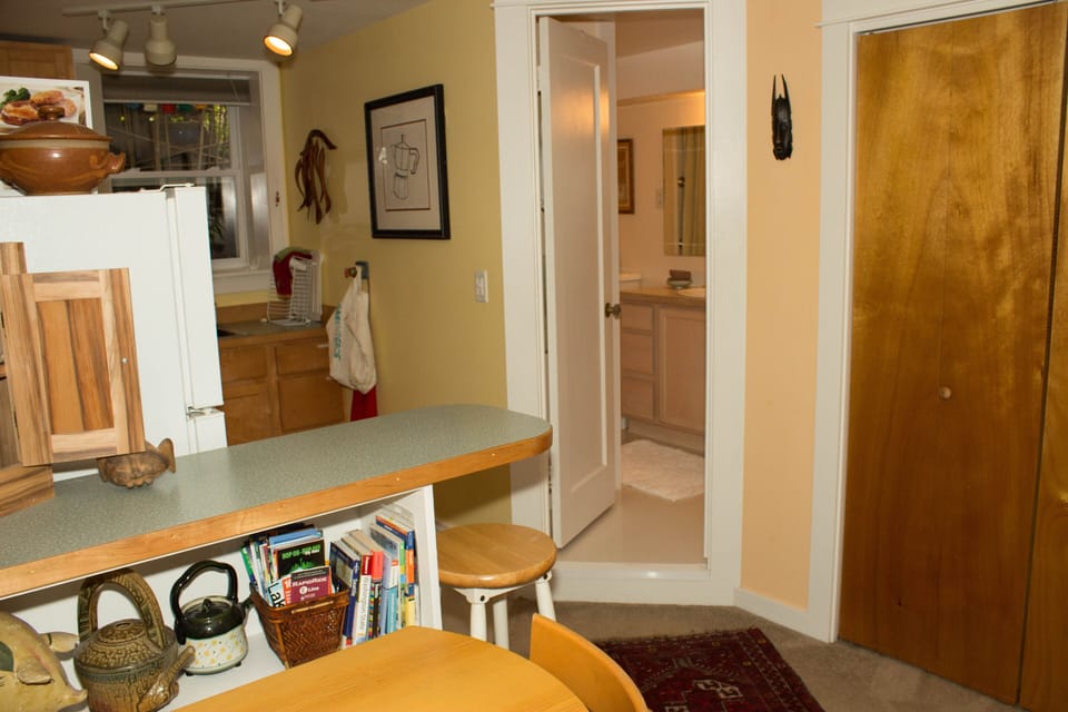 The entrance to the bathroom, with a 5' step-up!
Island extension and.closet.
