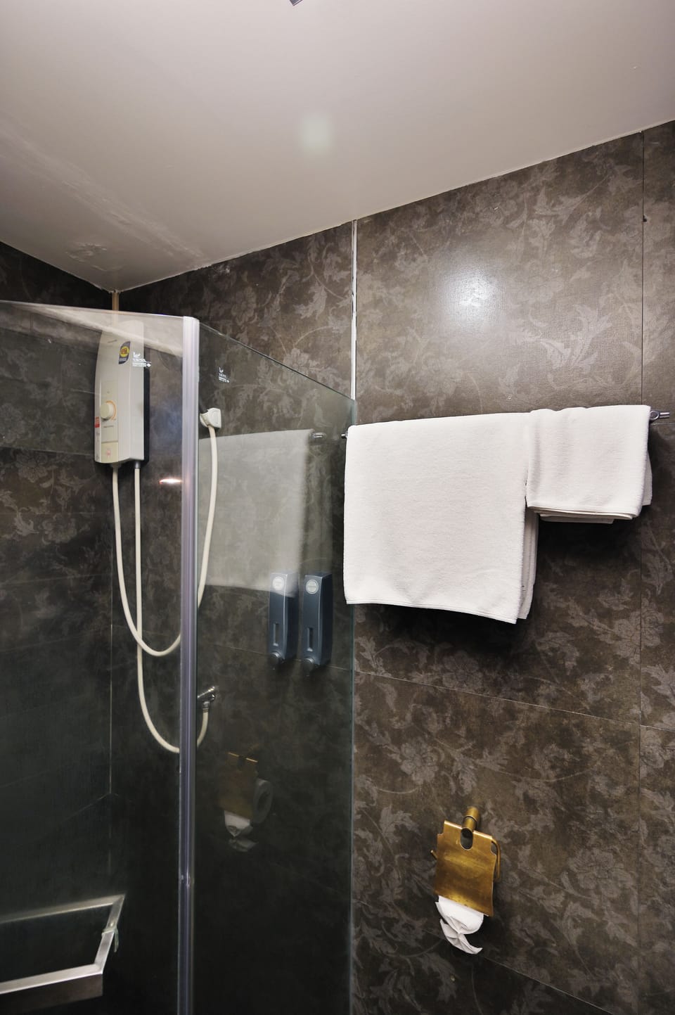 Shower, free toiletries, hair dryer, towels