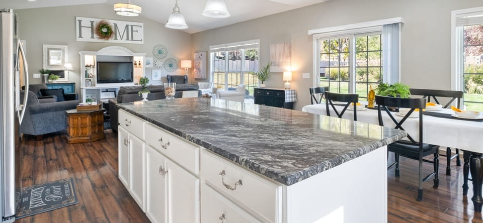 Kitchen with huge 9 foot island and seating for 3